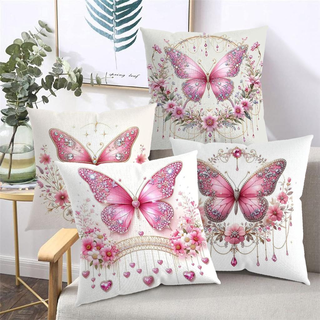 2D flat printing Pink Butterfly Decorative Cushions Floral Pattern Polyester pillowcase, sofa decorative cushion cov