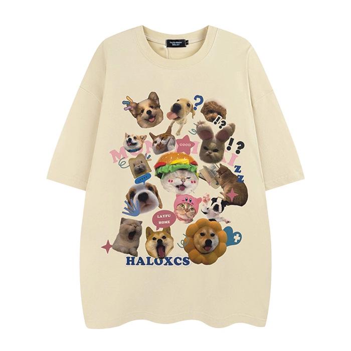 Женская футболка из хлопка в американском стиле с милым мультяшным принтом «Кошка и собака» — короткий рукав, круглая горловина, свободный крой