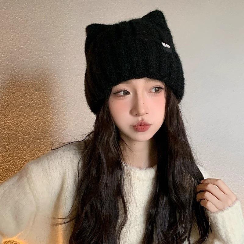 1pc Women's  Winter New Cat's Ears Cute Wool Hat,Korean Version Thickened Warm Knitting Hat,casual and Versatile Daily Going Out