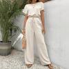 Women's Summer Round Neck Short Sleeve Solid Color Top Long Pants Set