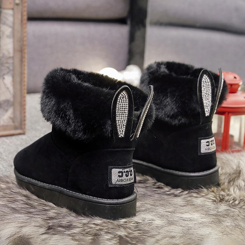 Rhinestone Rabbit Ear Women Winter Snow Boots Velvet Padded Shoes Boots Outdoor Fur Keep Warm Shoes Female Solid Casual Boots