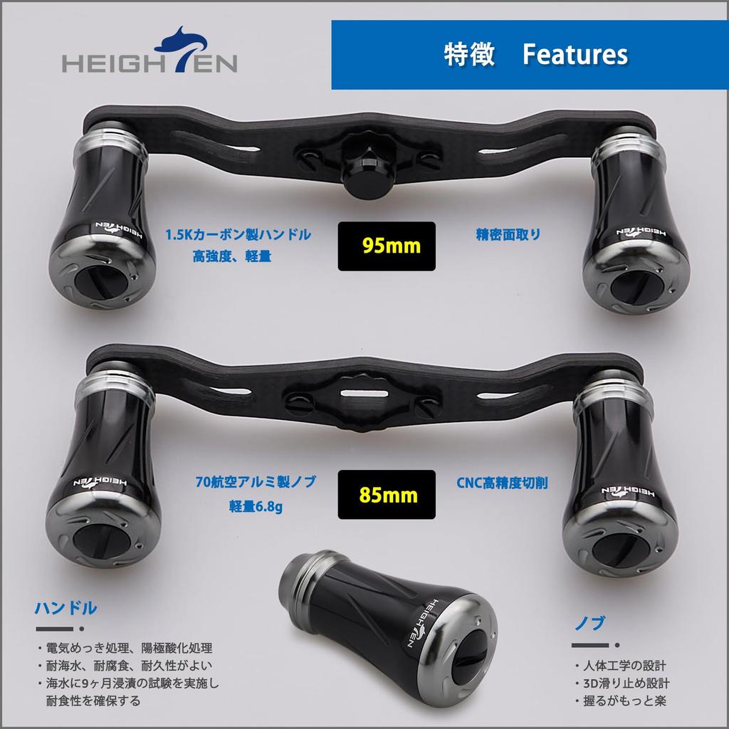 HEIGHTEN 85/95mm Reel Handle, 1.5K Carbon Cloth, for Shimano, Daiwa, and Abu Baitcasting Reels, Pillar Series (Black & Gunmetal, V2.0-85mm) (996)