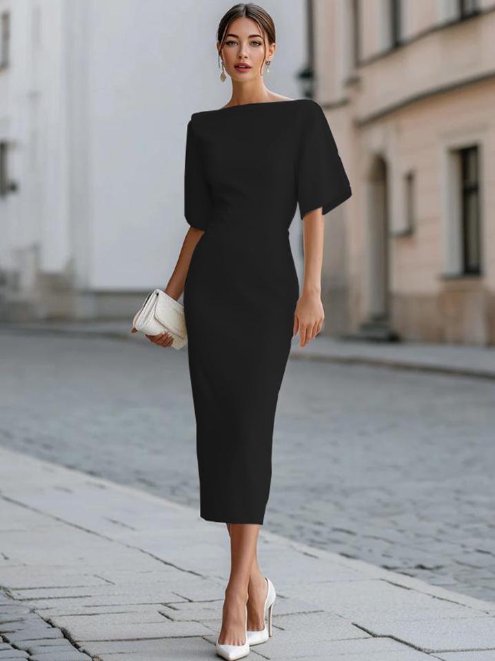 2026 Women's Elegant Casual Solid Color Mid-Sleeve Round Neck Summer Dress