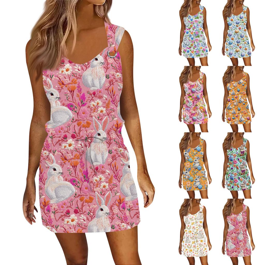 Women's Fashion Casual Easter Printed Sleeveless Drawstring Dress With Pockets