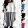 Women Tops Round Neck Long Sleeve Color Block Pullover Tops with Pockets Loose Fit Mid-length Shirt Daily Wear