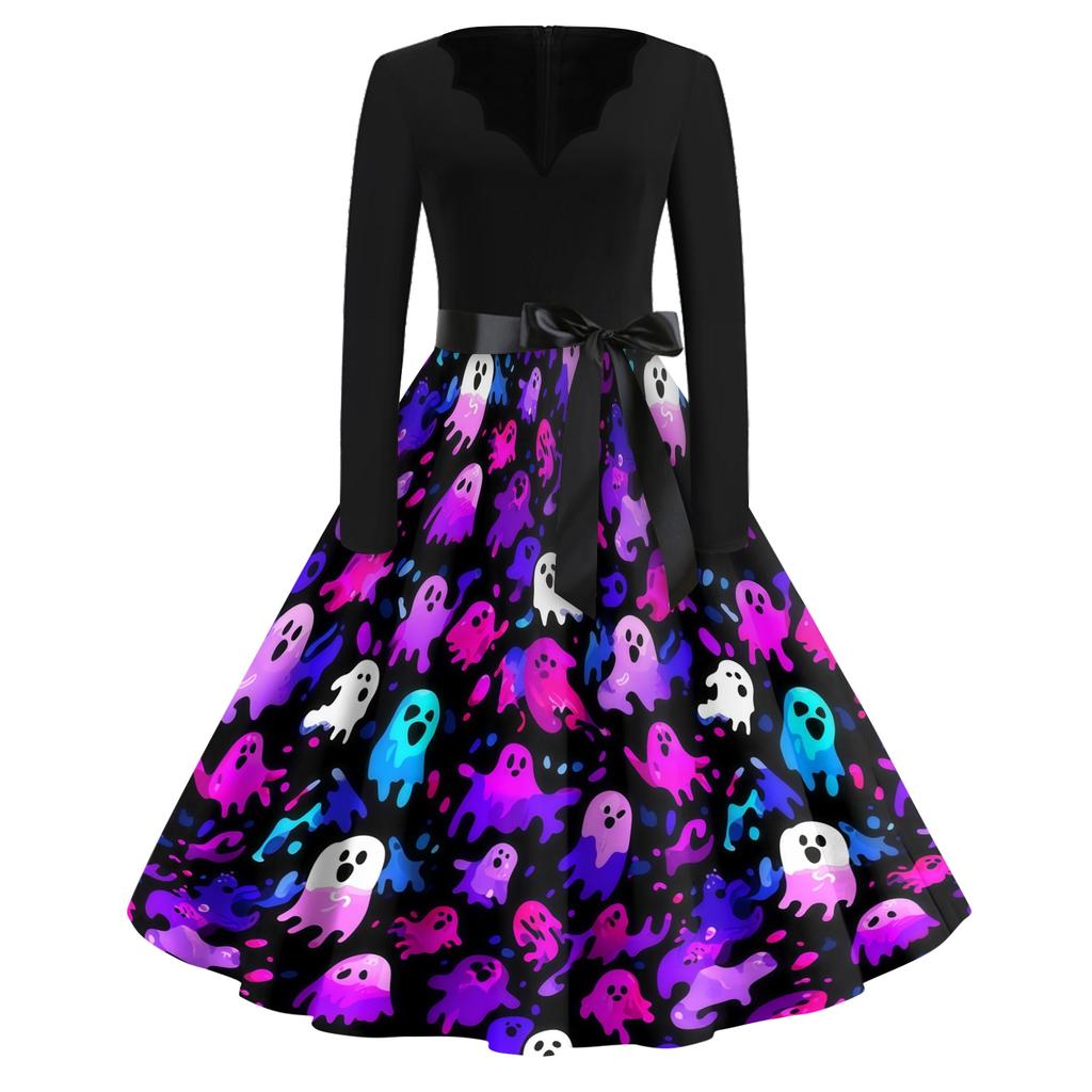 Womens Halloween Printed Size Dress Crew Neck Long Sleeve Vintage Swing Dress with Belt Pocket Free Design