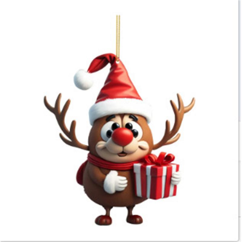 2025 Cartoon Deer Christmas Tree Pendant Christmas Party Atmosphere Cartoon Cute Santa Hat Deer Double Print Easter Decoration