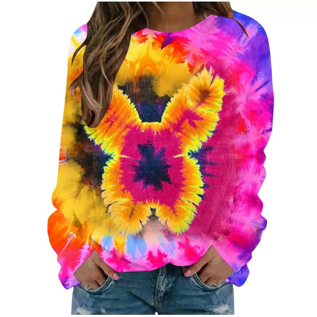 Круглый вырез 3D Tie Dye Кролик Принт Топ Модные Повседневные Длинные Рукава Женские Футболки
