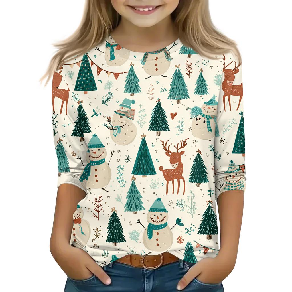 Children's 3/4 Sleeve Round Neck Top Christmas Tree Printed Everyday Casual Top