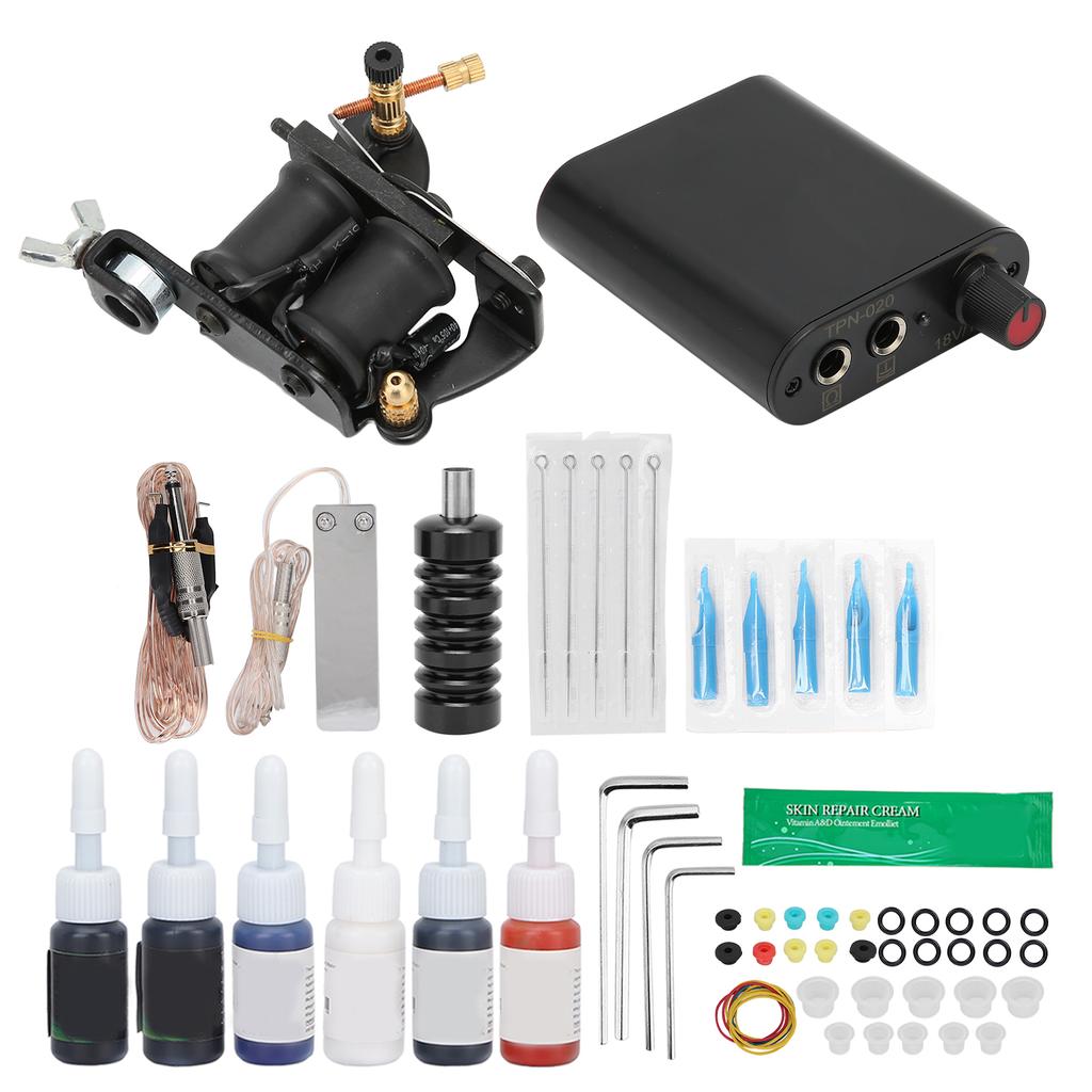Complete Starter Tattoo Kit Professional Tattoo Beginner Kit with 6 Tattoo Inks Power Supply