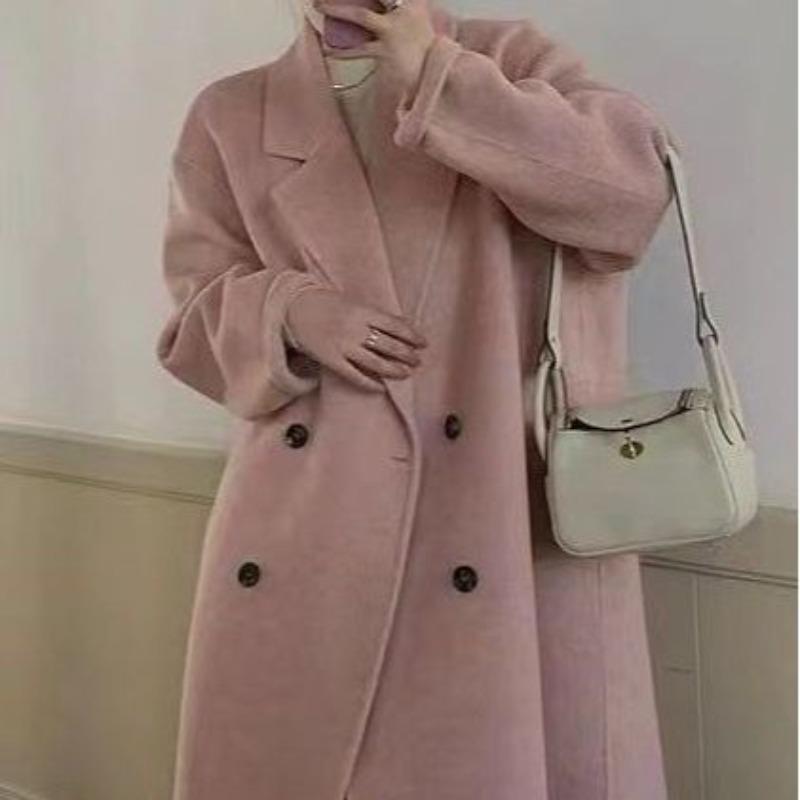 Autumn and Winter Korean Style Long Hair Baby Camel Wool Double-sided Wool Coat Double-breasted Simple High-end Coat New Style for Women