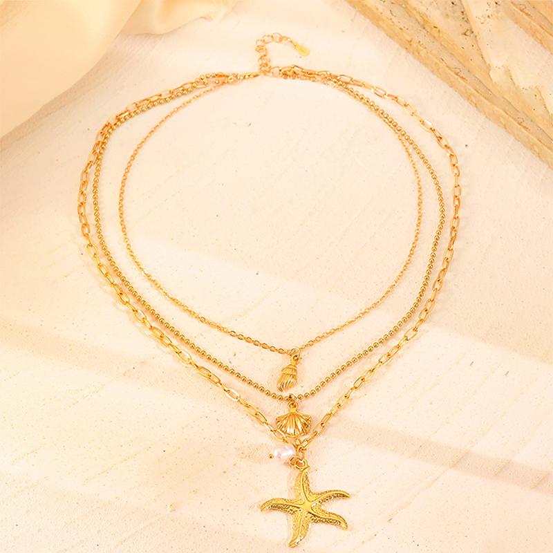 Нержавеющая сталь золотого цвета трехслойная морская звезда ракушки жемчужное ожерелье с подвеской для женщин девочек цепочка на шею ювелирные изделия