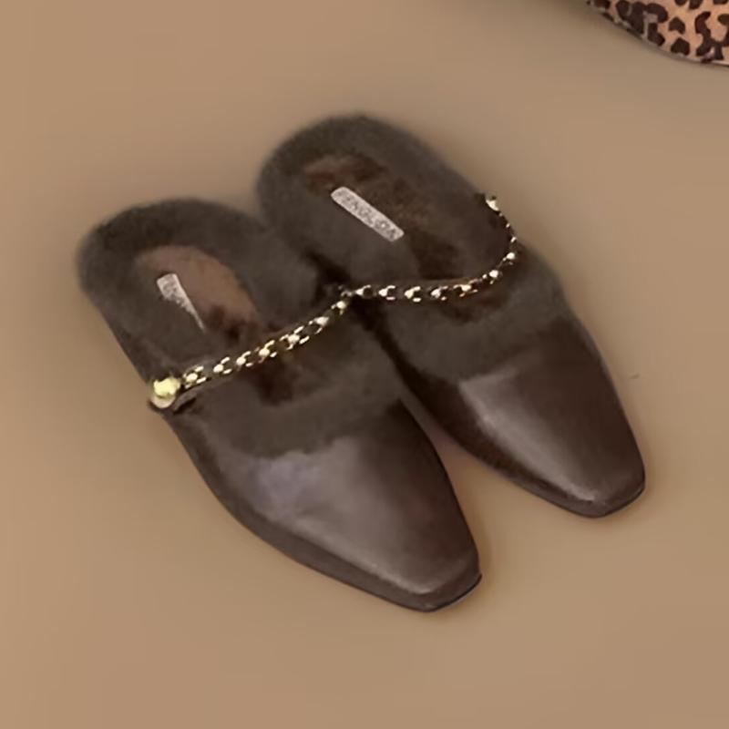 Леопардовые женские туфли на плоской подошве с мехом, повседневные шлепанцы, зимние мюли, модная обувь 2025 года, короткие туфли на каблуке из плюша, женские туфли на каблуке