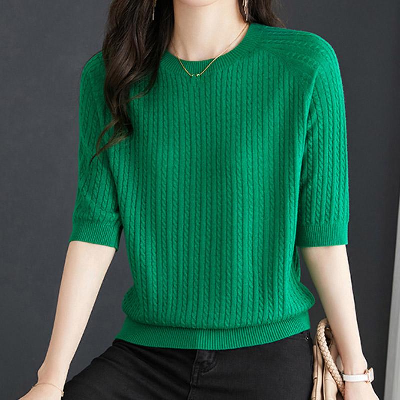 Женские свитера, пуловеры, 2025, лето, короткий рукав, О-образный вырез, черный вязаный свитер, женские топы, пуловер JJ142