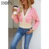 INDFS Women's Fashion Casual Fall Winter Houndstooth Print Long Sleeve V-Neck Sweaters