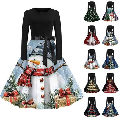 Рождественский принт расклешенное платье для женщин платье с длинным рукавом полые вечерние повседневные платья