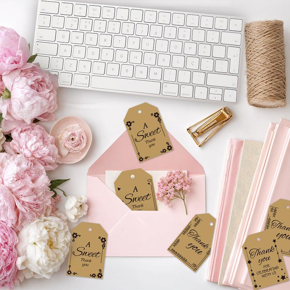 1set 80pcs 4 styles Printed Paper Thank You Gift Tags Rectangle Word 7.7x5.1cm Hole: 5mm 20pcs/style