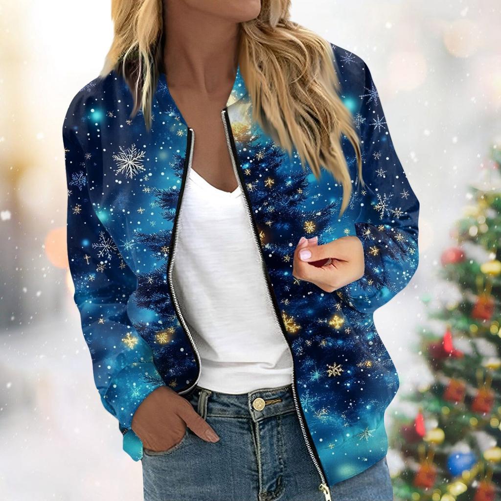 Женская легкая короткая куртка с длинными рукавами на молнии с принтом, повседневная стеганая куртка с карманами, рождественская