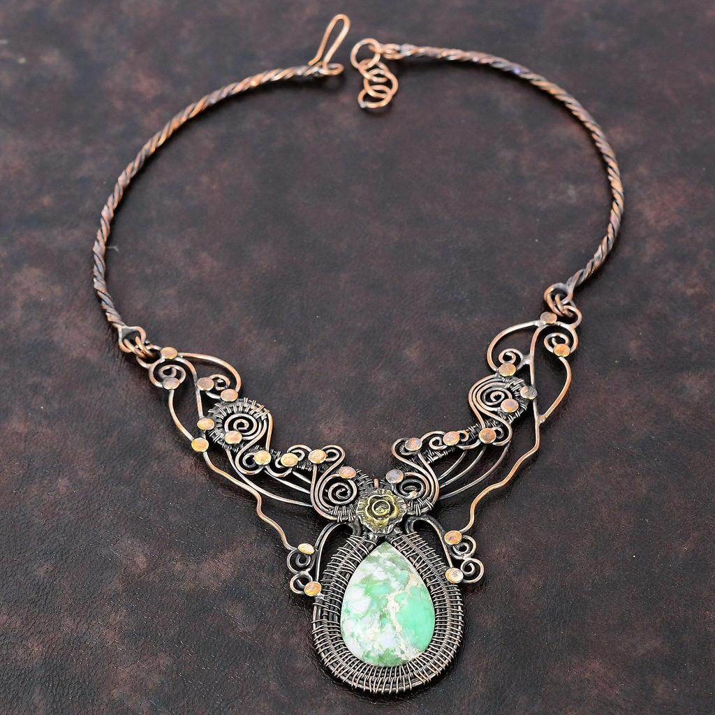 Variscite Gemstone Necklace Copper Wire Wrapped Necklace Adjustable Necklace Copper Jewelry Handmade Necklace Wire Wrap Jewelry Gift For Her