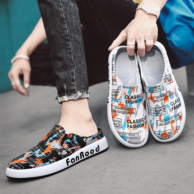 Fashion Summer Breathable Canvas Mules Man Backless Loafers Slipper Half Shoes For Men Slides Mens Slip On Flats Semi-Drag Casual Shoes