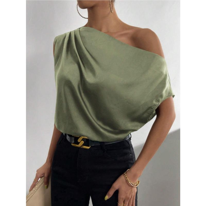 Весенняя однотонная атласная рубашка без рукавов с неровным косым плечом для женщин
