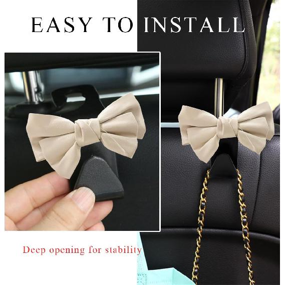 2 PCS Car Seat Headrest Hooks, Cute Bow Shaped Vehicle Backseat Storage Hooks, Leather Bow Shaped Sturdy Car Seat Back Hooks For