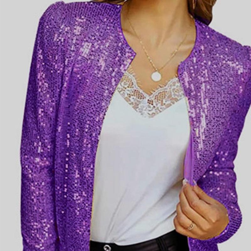 Модная куртка с воротником-стойкой и пайетками, женская осенняя куртка с длинным рукавом, свободная короткая повседневная куртка, элегантная женская куртка с круглым вырезом больших размеров, женский топ 25189