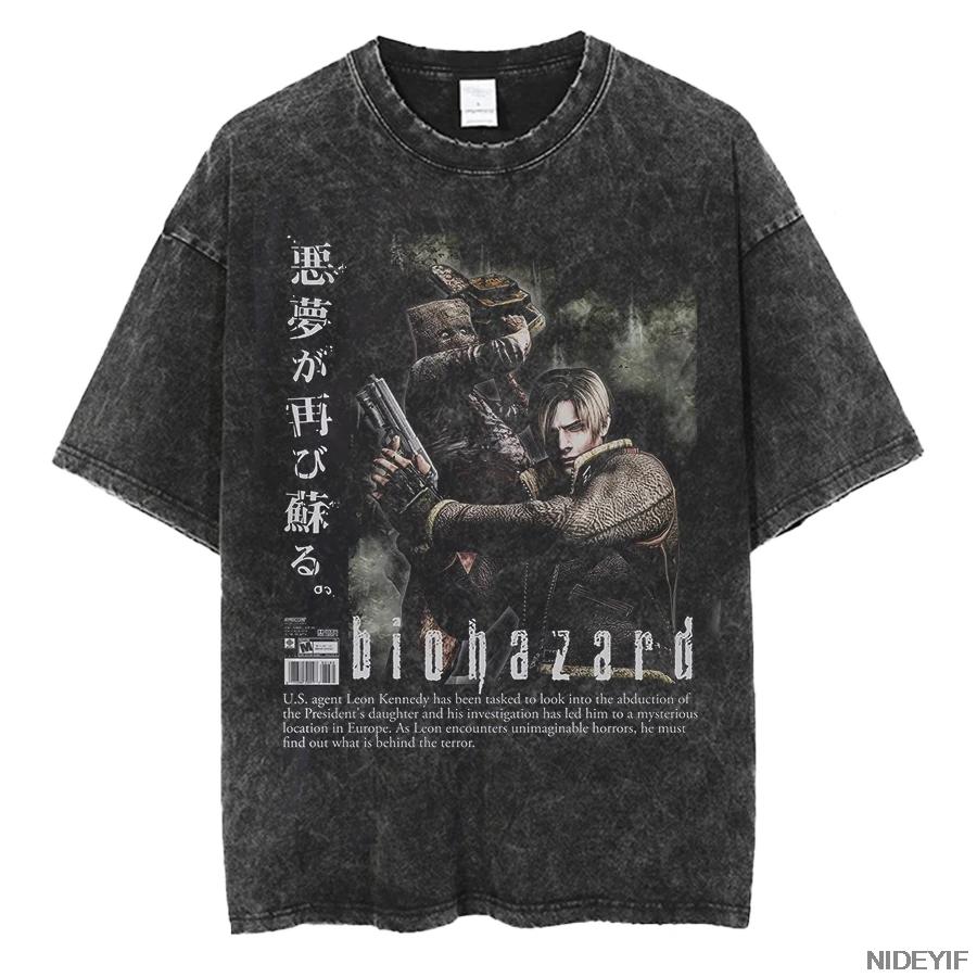 Футболка оверсайз Leon Kennedy из Resident Evil Biohazard 1990-х годов, 100% хлопок, винтажная стирка, для мужчин и женщин