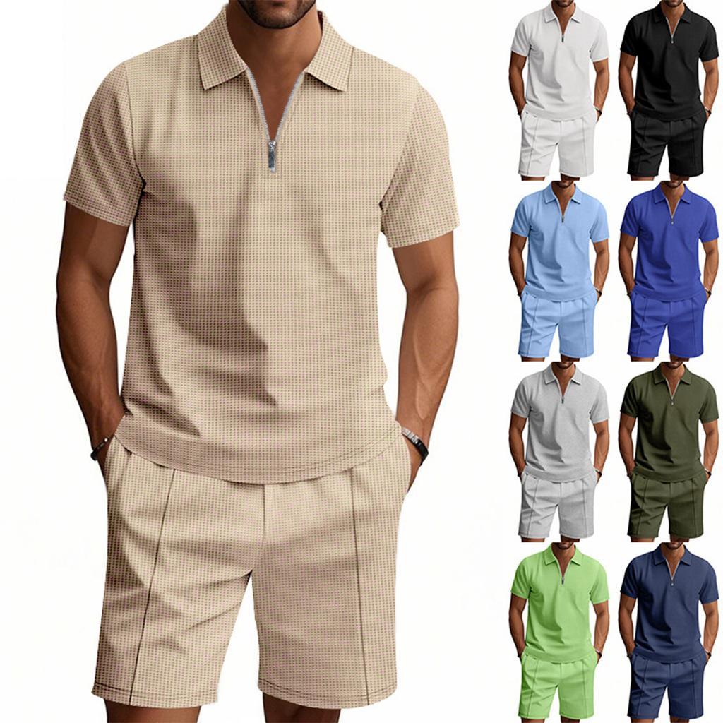 Men'S Solid Color Casual Collar Short Sleeved Shorts Two-Piece Set