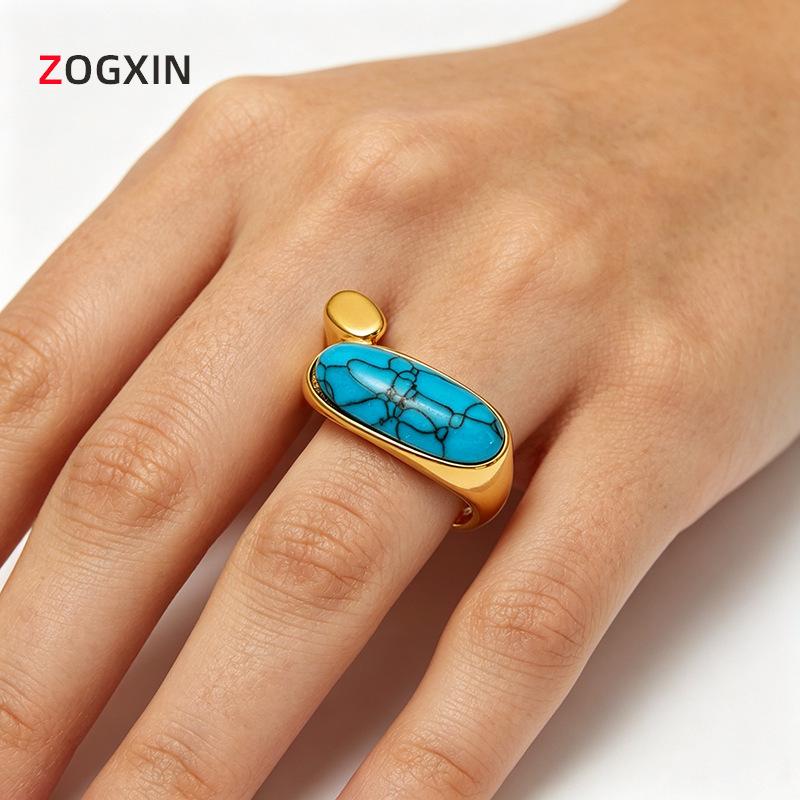 Бирюзовое открытое кольцо в корейском стиле, нержавеющая сталь 18K, стойкая к выцветанию, элегантный нишевый дизайн