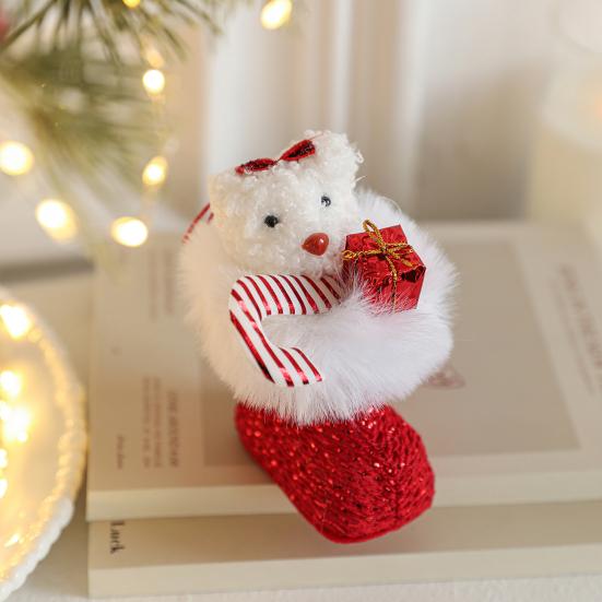 Plush Bear In Boot Christmas Ornaments Mini Stuffed Bear Hanging Ornaments Winter Fuzzy Shoes Christmas Tree Decor