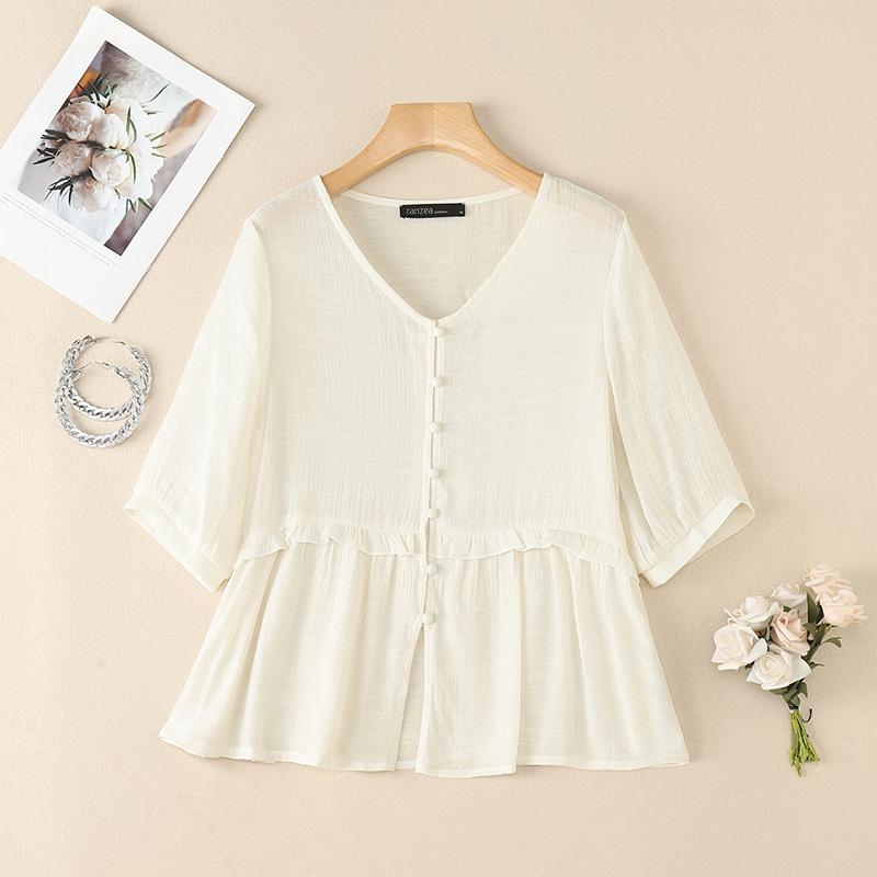 ZANZEA Женская повседневная летняя блузка с V-образным вырезом и коротким рукавом