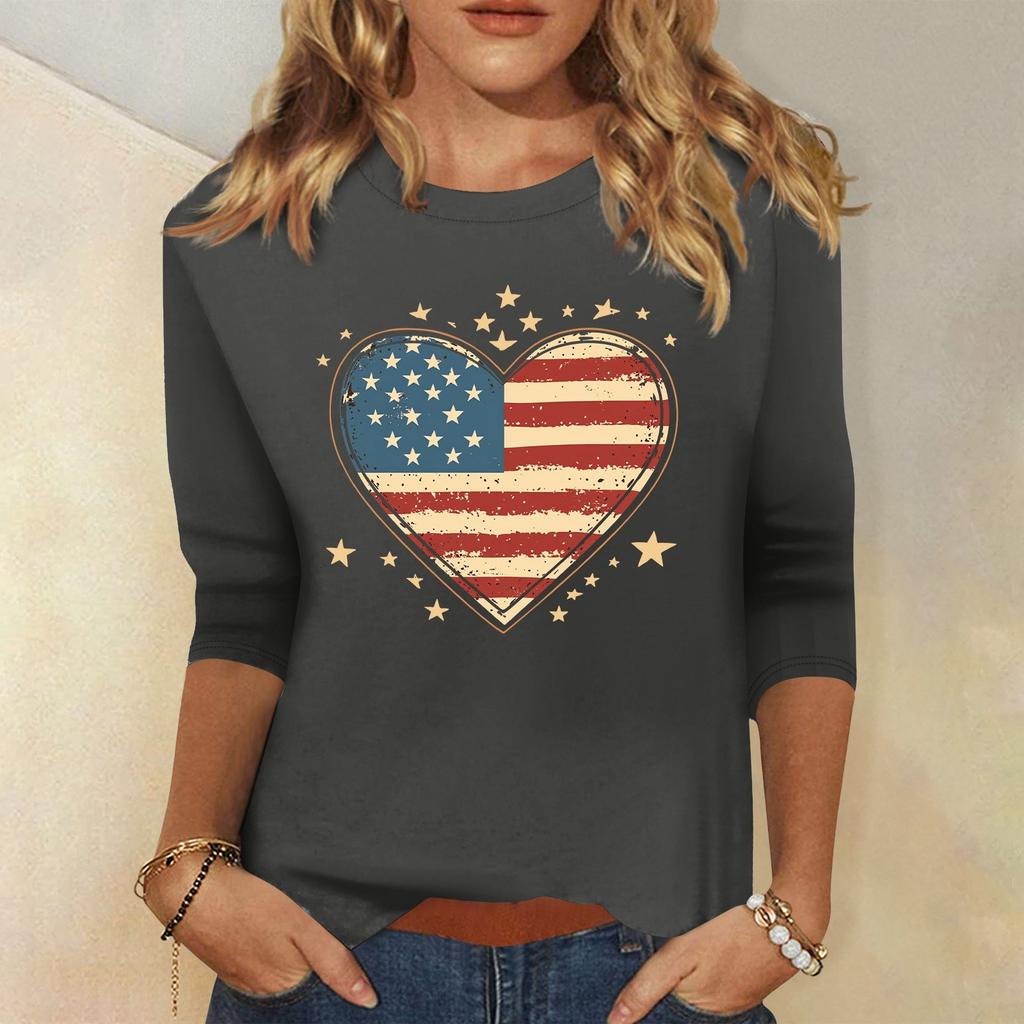 Women's Fashion Casual Round Neck 3/4 Sleeve Loose Independence Day Printed T-Shirt Ladies Top