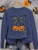 Women's Halloween Long Sleeve Crew Neck T-Shirt with Cute Creepy Pumpkin & Bow Print, Funny Soft Casual Gift, Local Shipping