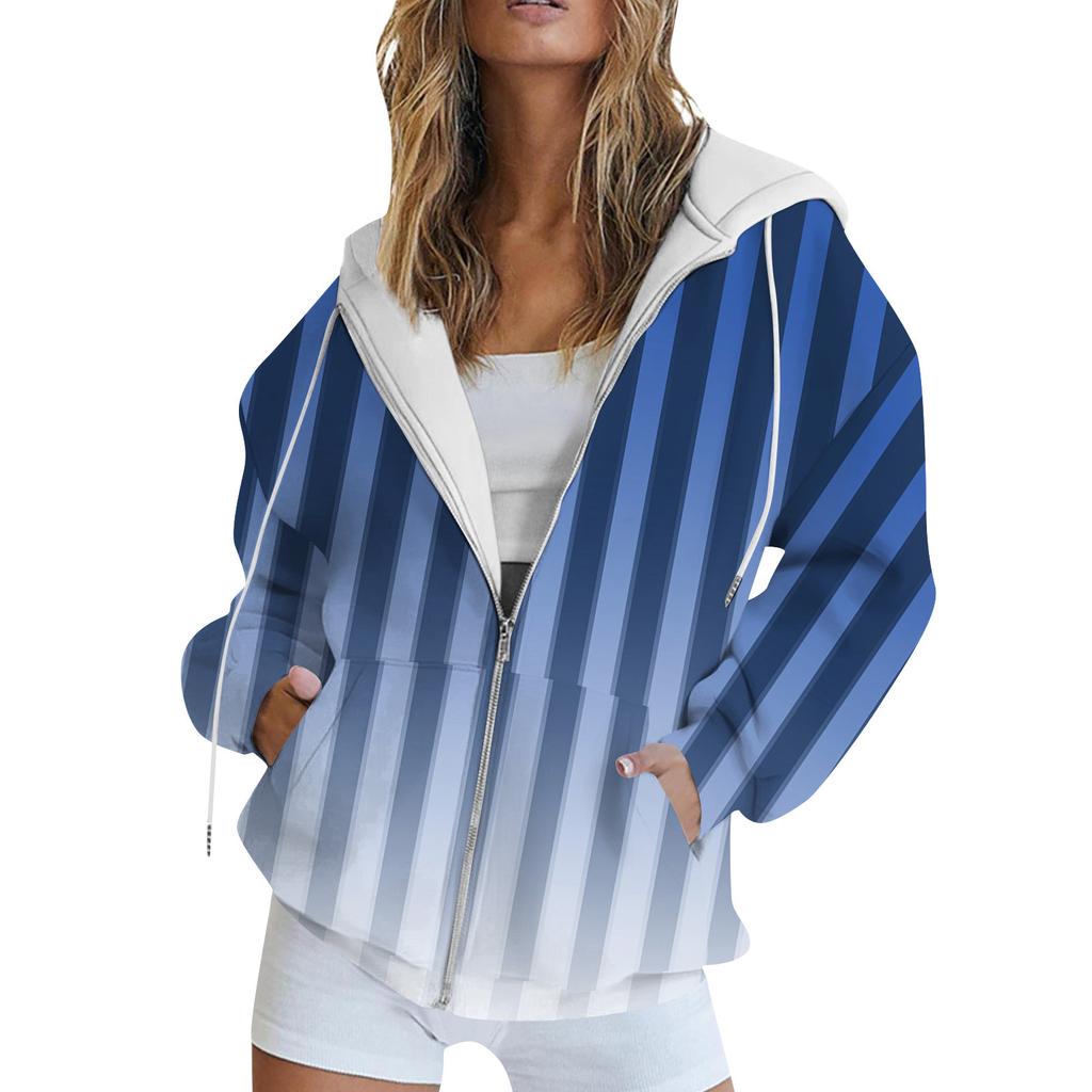 Women's Long Sleeve Print Sweatshirt Long Sleeve Pocket Jacket Zipper Hoodie Coat