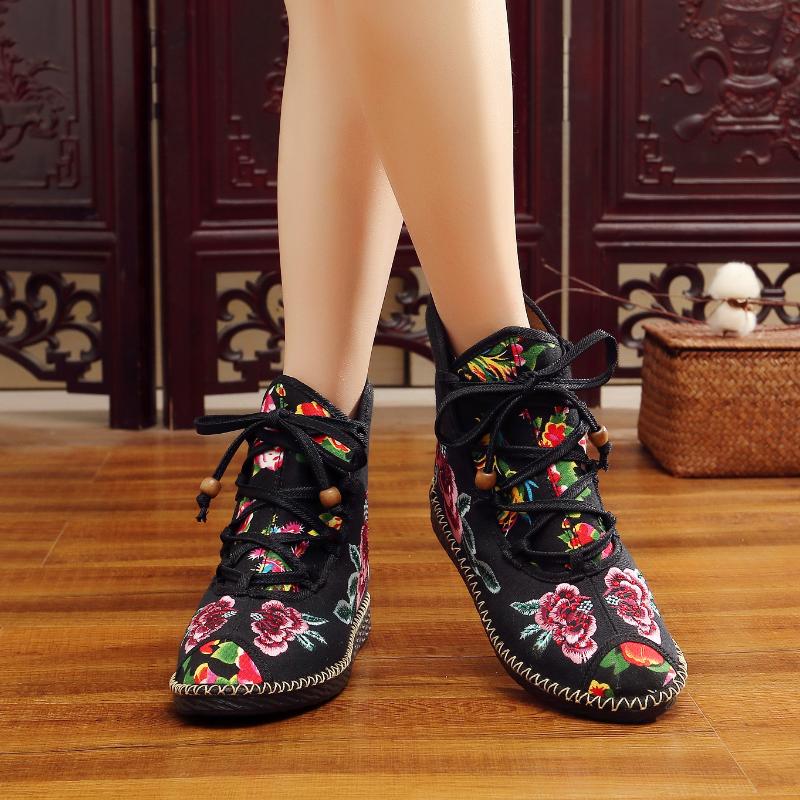 Vintage Flower Embroidered Women Canvas Boots Hidden Wedge Heel Ladies Platforms Shoes Comfort Booties Retro Boats De Mujer