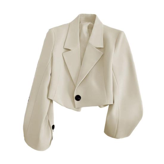 Women Short Suit Coat Lapel Long Sleeve Single Button Suit Jacket Solid Color Loose Fit Casual Business Style Suit Coat