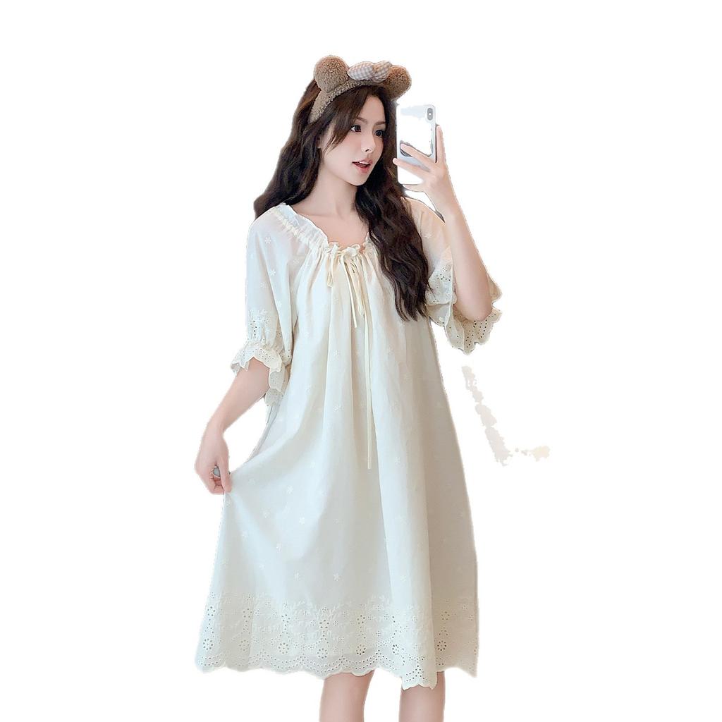 High-quality cotton nightgown women's summer short-sleeved thin solid color lace-up flower embroidery can be worn outside comfortable loungewear