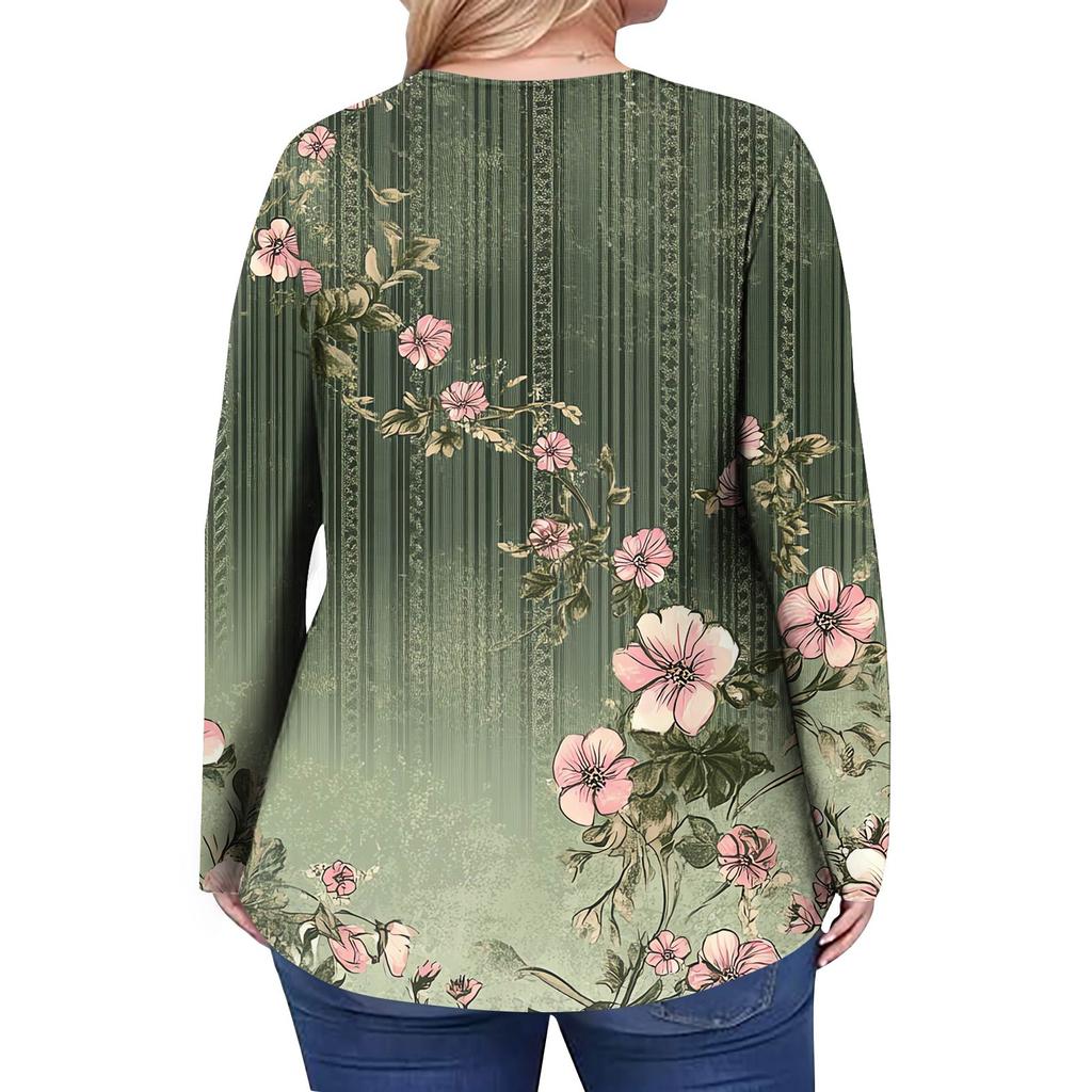 Женский модный топ большого размера с принтом, повседневный плиссированный, с круглым вырезом и длинными рукавами