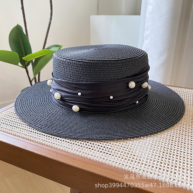 Sporadic pearl sweet small fresh flat top straw hat fashion top hat children spring and summer sun protection straw visor tide