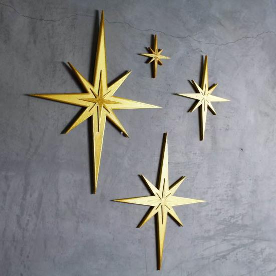 4Pcs Retro Starburst Wall Decoration 3D Printed Mini Mid-Century Starburst Wall Art Home Bedroom Living Room Bathroom Wall Decorative Sign