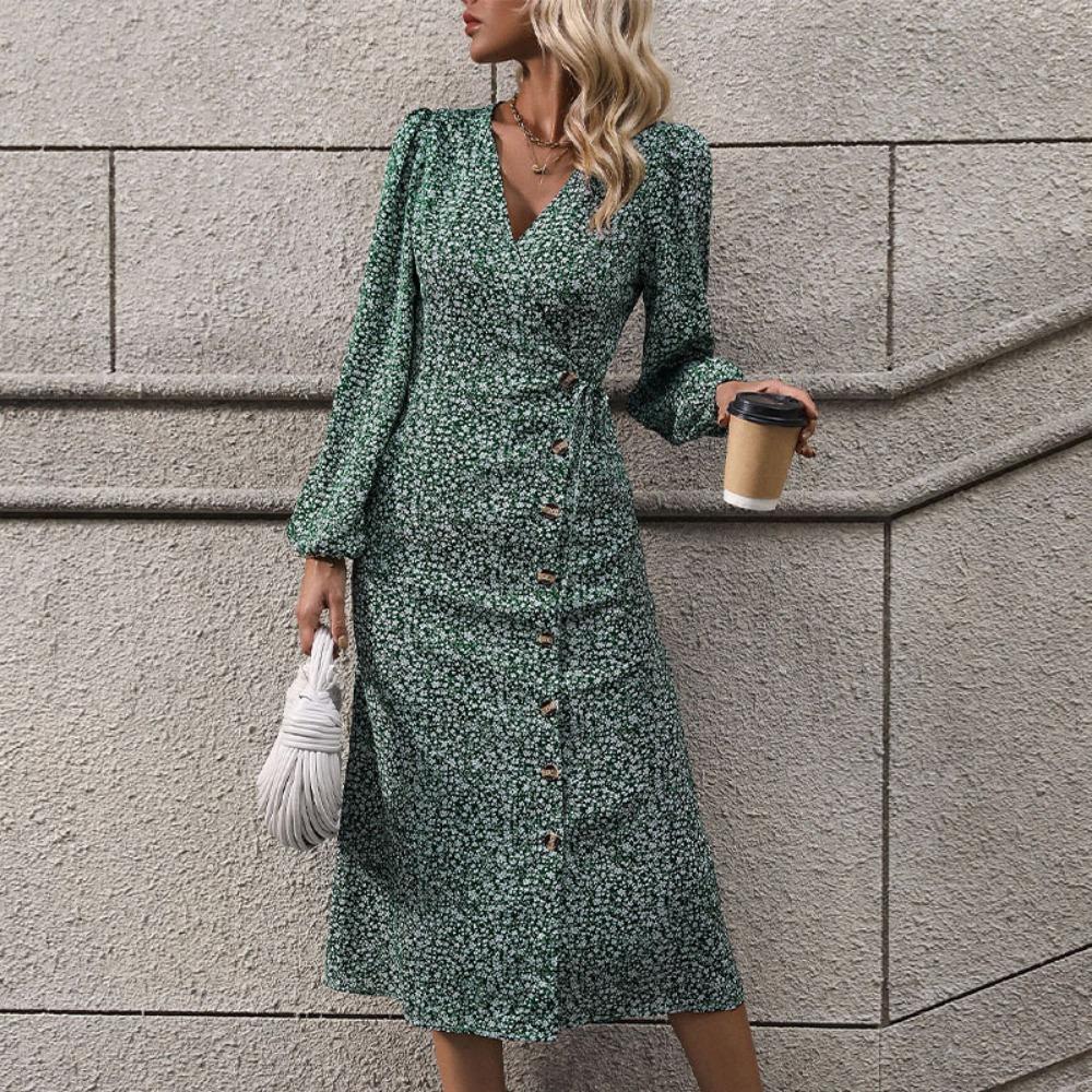 Осеннее женское платье с длинным рукавом и цветочным принтом