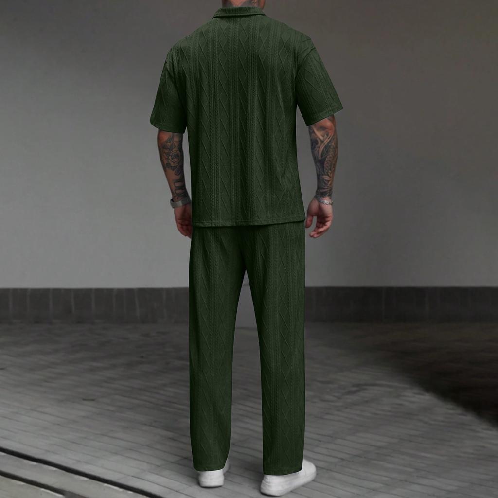 Men's Solid Color Textured Short Sleeved Trousers Suit Men's Casual Suit