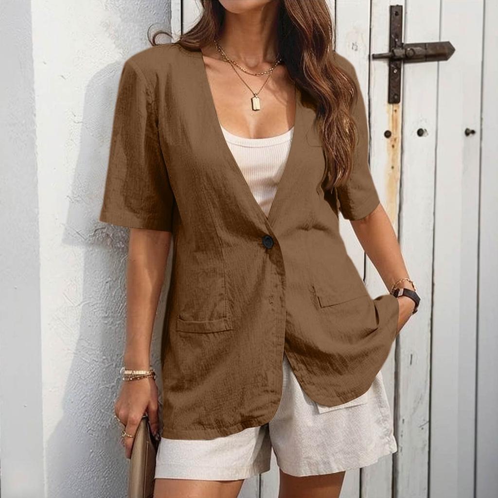 Женское Повседневное Пальто с Коротким Рукавом, V-образным Вырезом и Одной Пуговицей, Однотонное