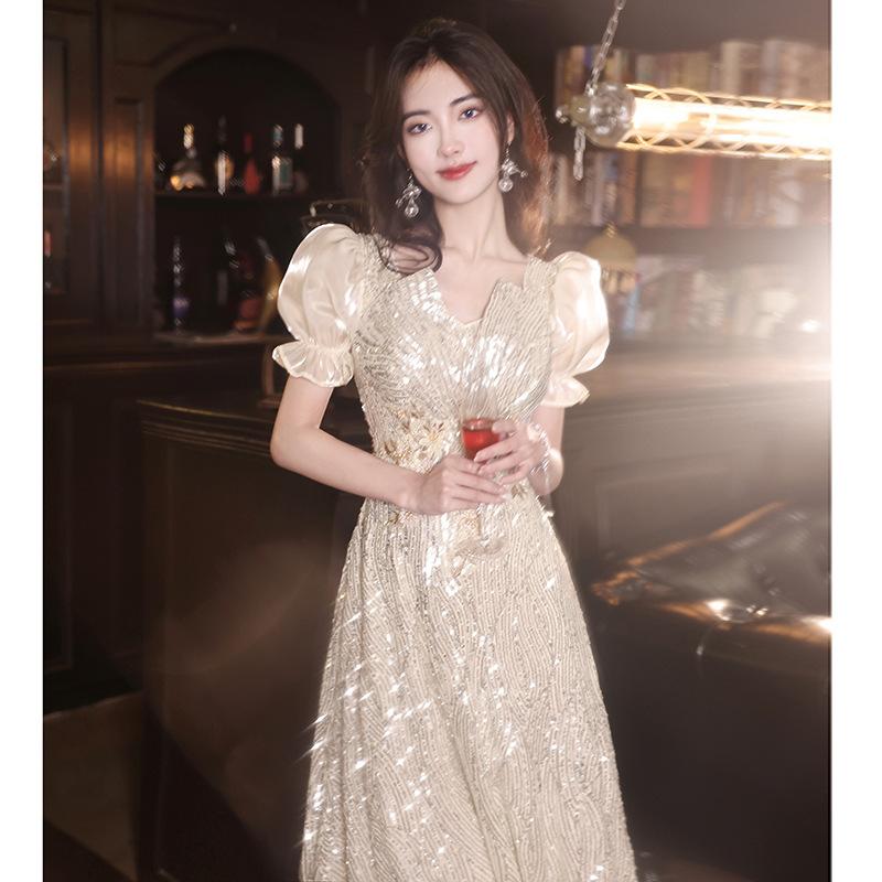 Sequined summer evening dress dress female French long style host banquet party dress evening wear company annual meeting