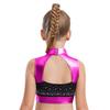 Girls Shiny Dance Top Mock Neck Sleeveless Cutout Back Rhinestones Color Block Metallic Crop Performance Outfit