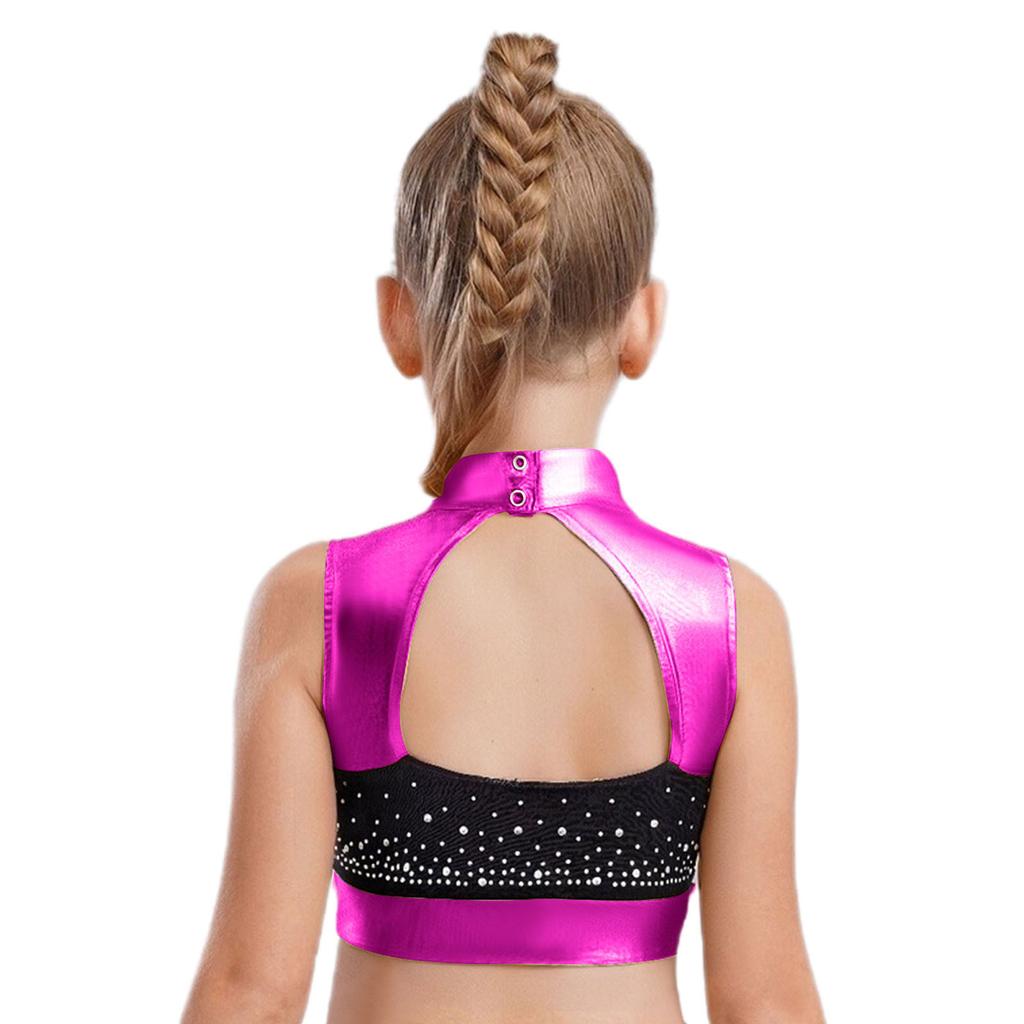 Girls Shiny Dance Top Mock Neck Sleeveless Cutout Back Rhinestones Color Block Metallic Crop Performance Outfit