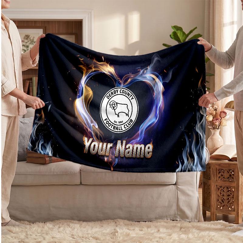 Derby County Personalized Fleece Blanket With Football Logo, Custom Name Text Soft Warm Home Throw Blanket