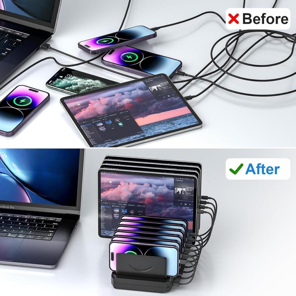 10-слотовое USB-зарядное устройство и настольный органайзер с Type-C для планшетов и телефонов