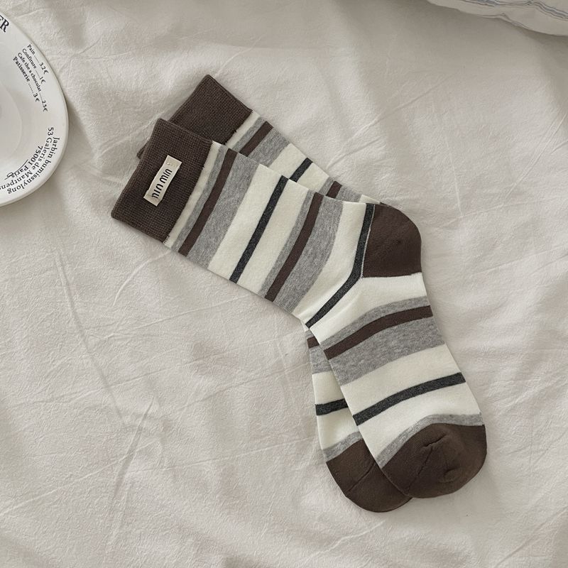 Модные носки Min Cloth Стандартные носки Миди-носки в полоску Контрастная сшивка Носки для наслоения Винтажные полосатые носки